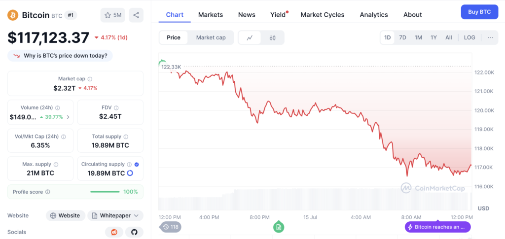 نمودار قیمت و اطلاعات بازار بیت کوین - منبع: CoinMarketCap